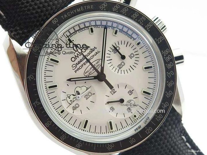 0202 TimelessDesign Speedmaster JHF SS Snoopy Award 45th Anniversary White Dial On Black Nylon Strap 8209